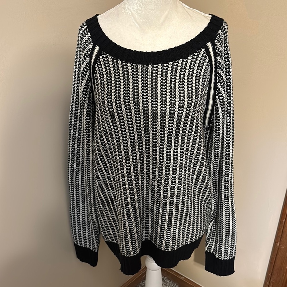 Joe Fresh Black and White Striped Crew Neck Sweater